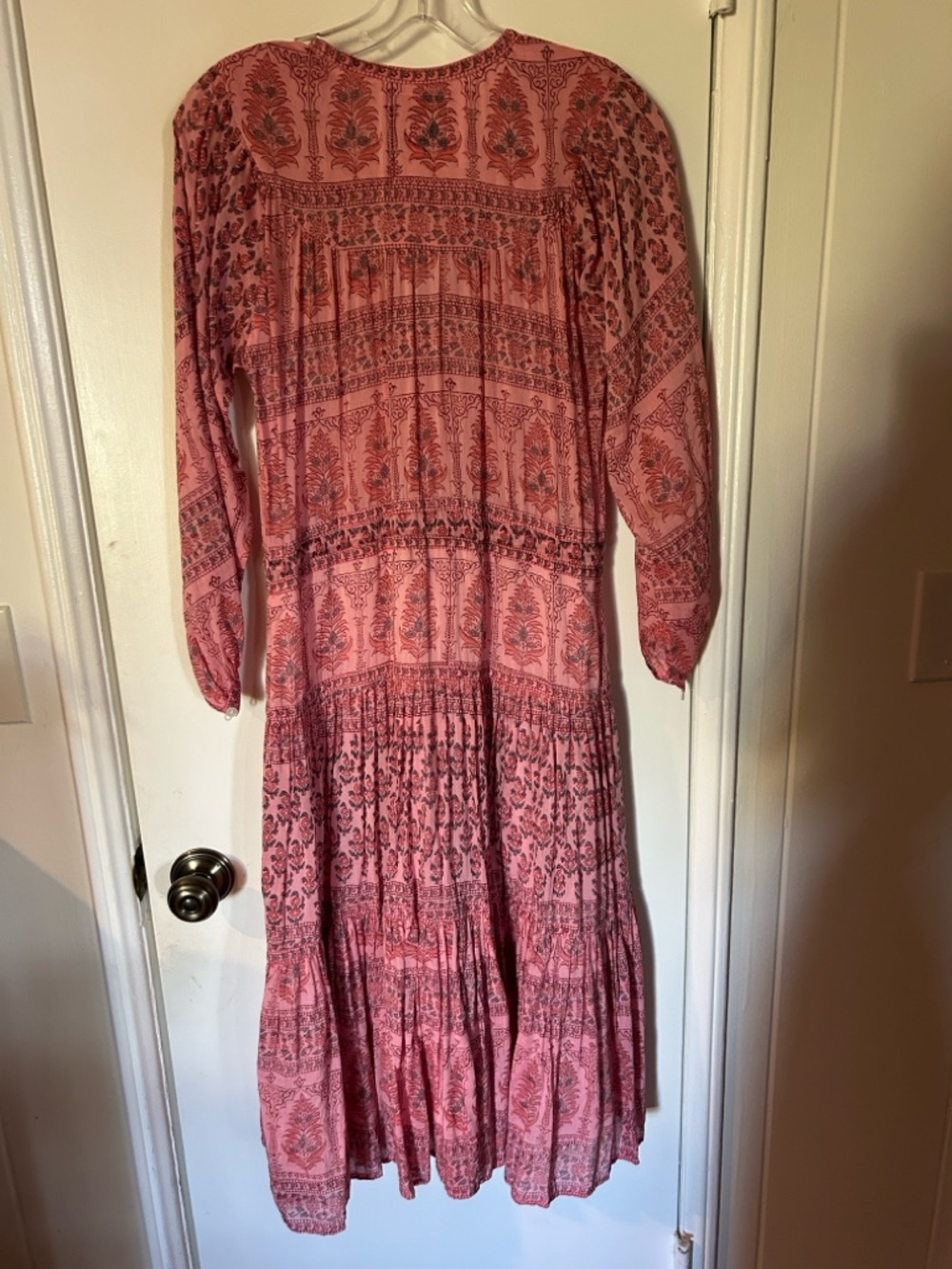 Pink Printed Tiered Midi Dress with Drawstring Waist - Picture 4 of 4